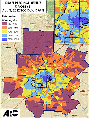 Percent of "Yes" vote in T-SPLOST referendum by precinct, August 2012, Atlanta Regional Commission.