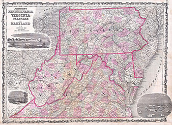 Alvin Jewett Johnson, "Johnson's Map of Pennsylvania, Virginia, Delaware and Maryland, 1863," from Johnson's New Illustrated (Steel Plate) Family Atlas with Descriptions, Geographical, Statistical, and Historical (A. J. Johnson & Ward edition, 1863). 