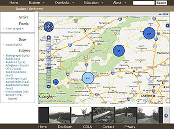 Screen capture of the GeoBrowse tool, Driving Through Time, 2012. The GeoBrowse tool allows visitors to browse documents in the collection by geographical location.