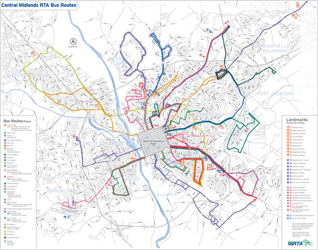 Central Midlands RTA Bus Routes, Columbia, South Carolina, and surrounding areas. West Columbia, South Carolina, the area to the west of the Columbia River, is underserved by the metropolitan region's public transit system.
