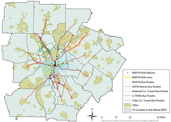 Transit providers and routes in the Atlanta MPO area, 2009, Plan 2040, Appendix T-2, Atlanta Regional Commission.