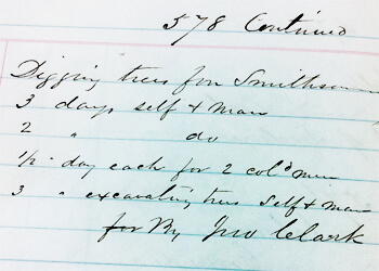Ledger entry for January 15, 1850.  On January 15, 1850, the white gardener and florist John  Howlett was compensated for the labor (one half day each) of "two colored men", at a total of one dollar,  working on the Smithsonian grounds. Smithsonian Institution Day Book, 1846-1856, p. 578. Courtesy Smithsonian Institution Archives.