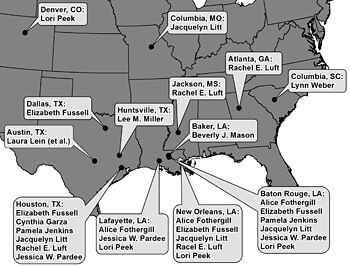Map of research locations of contributors to Displaced: Life in the Katrina Diaspora. Lynn Weber conducted research in Columbia, South Carolina.