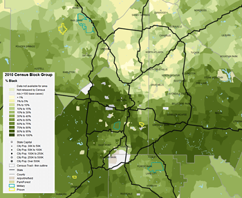 Percentage of metro Atlanta black residents by 2010 census block group, 2013. Data from Social Explorer.
