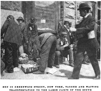 Immigrant laborers, Greenwich Street, New York, New York. Alexander Irvine, "My Life in Peonage," Appleton's Magazine, August 1907, 193.