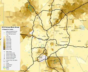 Percentage of metro Atlanta Hispanic or Latino residents by 2010 census block group, 2013. Data from Social Explorer.