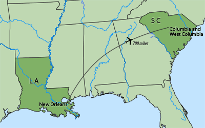 Map showing route from New Orleans, Louisiana to Columbia and West Columbia, South Carolina, 2012.