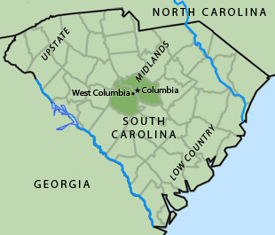 Map showing the Midlands of South Carolina, 2012. Columbia, the state capital, and West Columbia are in the Midlands region of the state. 