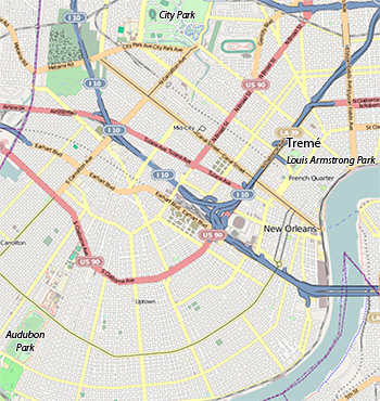 New Orlean map showing Louis Armstrong Park in Tremé, City Park, and Audubon Park.  ©OpenStreetMap contributors, CC-BY-SA.