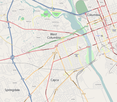 Map of Columbia, West Columbia, Cayce, and Springdale, South Carolina, 2012. ©OpenStreetMap contributors, CC-BY-SA.