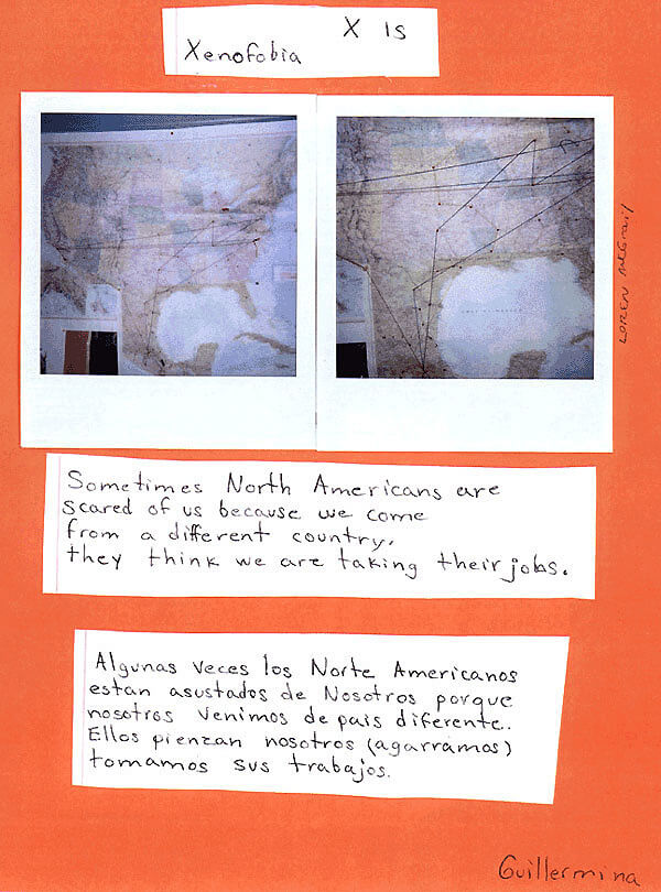 Susan Harbage Page, Map and page from Alphabet Book tracking the journeys of adult ESL students into the United States, Durham, North Carolina, 2001.