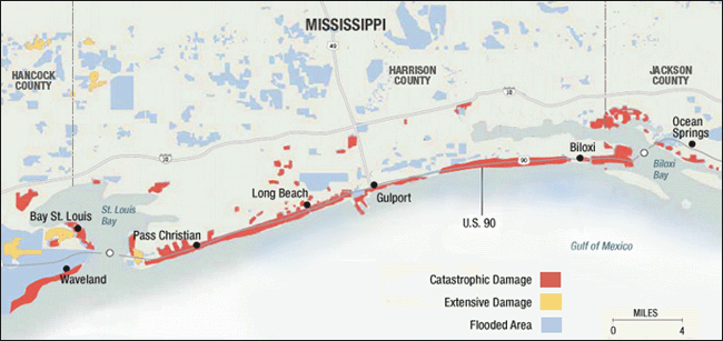 Sarah Toton, Map of Mississippi Coastal Damage after Hurricane Katrina, September 2005.