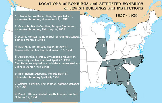 Ellen Rafshoon, Locations of bombings and attempted bombings of Jewish buildings and institutions, 1957–1958, from "'The Bomb that Healed': Rabbi Jacob M. Rothschild, Civil Rights and The Temple Bombing of 1958," Manuscript, Archives & Rare Book Library, Emory University, 2008.