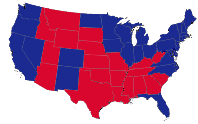 2008 Presidential Election Results by State (Democratic states in blue, Republican states in red)