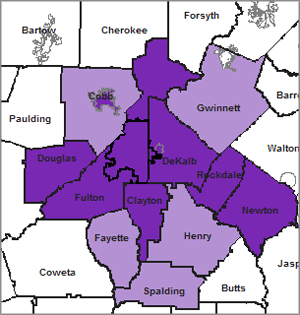 Map 1. African American Isolation In Metro-Atlanta: Percentage of African American Students in Predominately Minority High Schools by District, 2007/2008