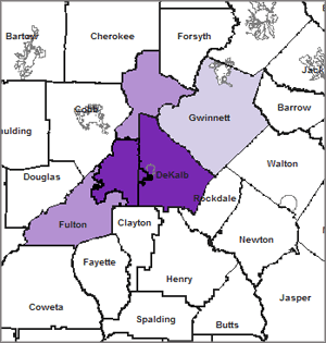 Map 2.  Latino Isolation In Metro-Atlanta: Percentage of Latino Students in Predominately Minority High Schools by District, 1994/1995