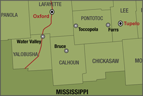 Map of Mississippi hill country, depicting sites where tornados have landed, 2008. Courtesy of Southern Spaces.