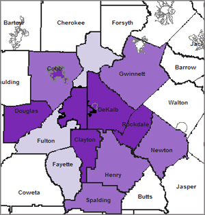 Map 2.  Latino Isolation In Metro-Atlanta: Percentage of Latino Students in Predominately Minority High Schools by District, 2007/2008