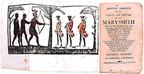 Hand-colored woodcut frontispiece and title page from Mary Smith Captivity Narrative, 1815. From An Affecting Narrative of the Captivity and Sufferings of Mrs. Mary Smith (Providence, R.I., [1815]). 