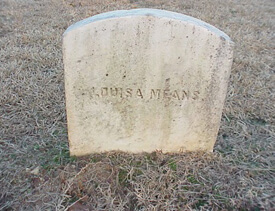 Mark Auslander, "Louisa Means" headstone, on which is inscribed her full married name (west face), Oxford City Cemetery, Oxford, Georgia, 2000.