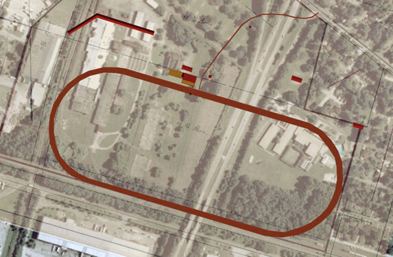 Kwesi Degraft-Hanson, Michael Page, and Kyle Thayer, Superimposition, Ten Broeck Race Track and 1907 plat map on 2007 aerial photo of site, Savannah, Georgia, 2010.