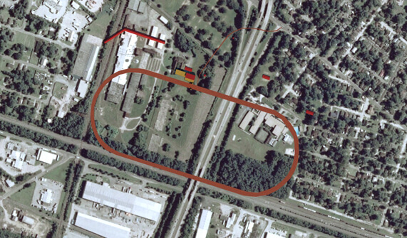 Kwesi DeGraft-Hanson, Michael Page, and Kyle Thayer, Superimposition: Ten Broeck Race Course on 2007 aerial photo of site, Savannah, Georgia, 2010.