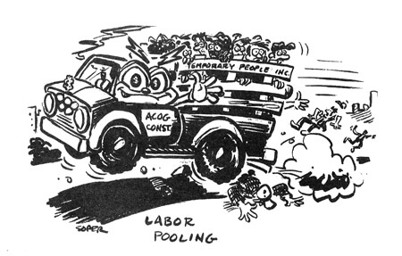 Kerry Soper, Labor Pooling, Southern Changes Vol. 18, No. 2, Summer 1996, pg. 12. This cartoon critiques the issue of temporary workers brought in to construct and staff the Olympic Village and sporting centers then laid off after the Games' close. From S Zebulon Baker's Whatwuzit?: The 1996 Atlanta Summer Olympics Reconsidered. Kerry Soper, Labor Pooling, Southern Changes Vol. 18, No. 2, Summer 1996, pg. 12. This cartoon critiques the issue of temporary workers brought in to construct and staff the Olympic Village and sporting centers then laid off after the Games' close. From S Zebulon Baker's Whatwuzit?: The 1996 Atlanta Summer Olympics Reconsidered.