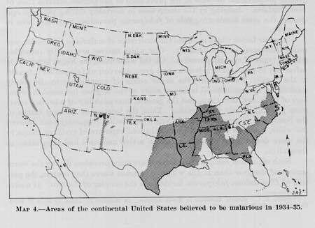 Areas of the continental United States believed to be malarious in 1934–1935. Map courtesy of Medical Department, United States Army, Preventative Medicine in World War II, Volume VI, Communicable Diseases, Malaria report, 1963.
