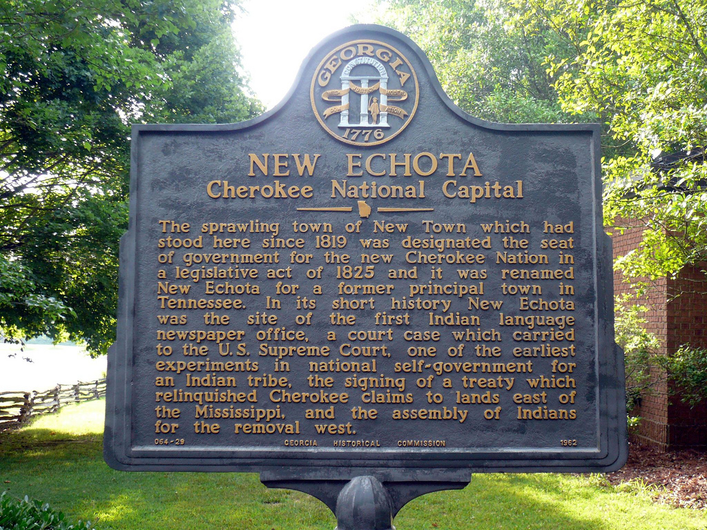 New Echota: Cherokee National Capital, Calhoun, Georgia, June 19, 2008. Photograph by Flickr user Ashe. Creative Commons license CC BY-NC-ND-2.0.
