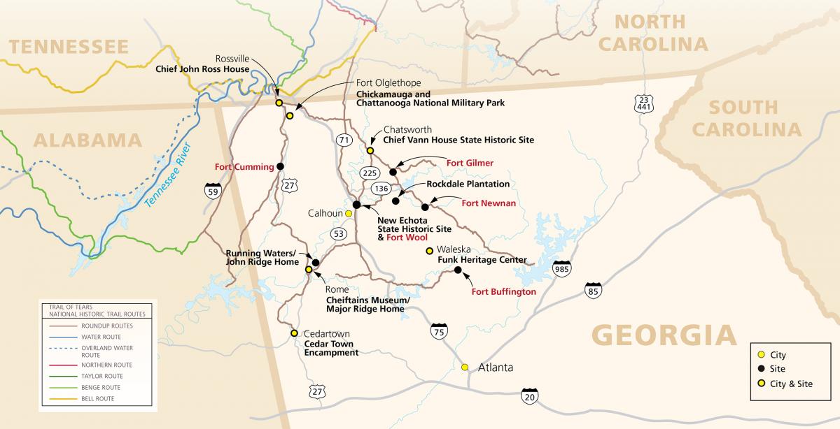 Trail of Tears Georgia Map and Guide, ca. 2013. Detail of map by National Park Service. Courtesy of the National Park Service Trail of Tears website.
