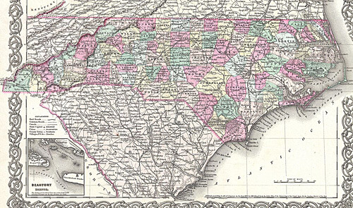 Joseph Hutchins Colton, "North Carolina," 1855. From Colton, G. W., Colton's Atlas of the World Illustrating Physical and Political Geography, vol. 1 (New York, 1855). Via Wikimedia Commons.