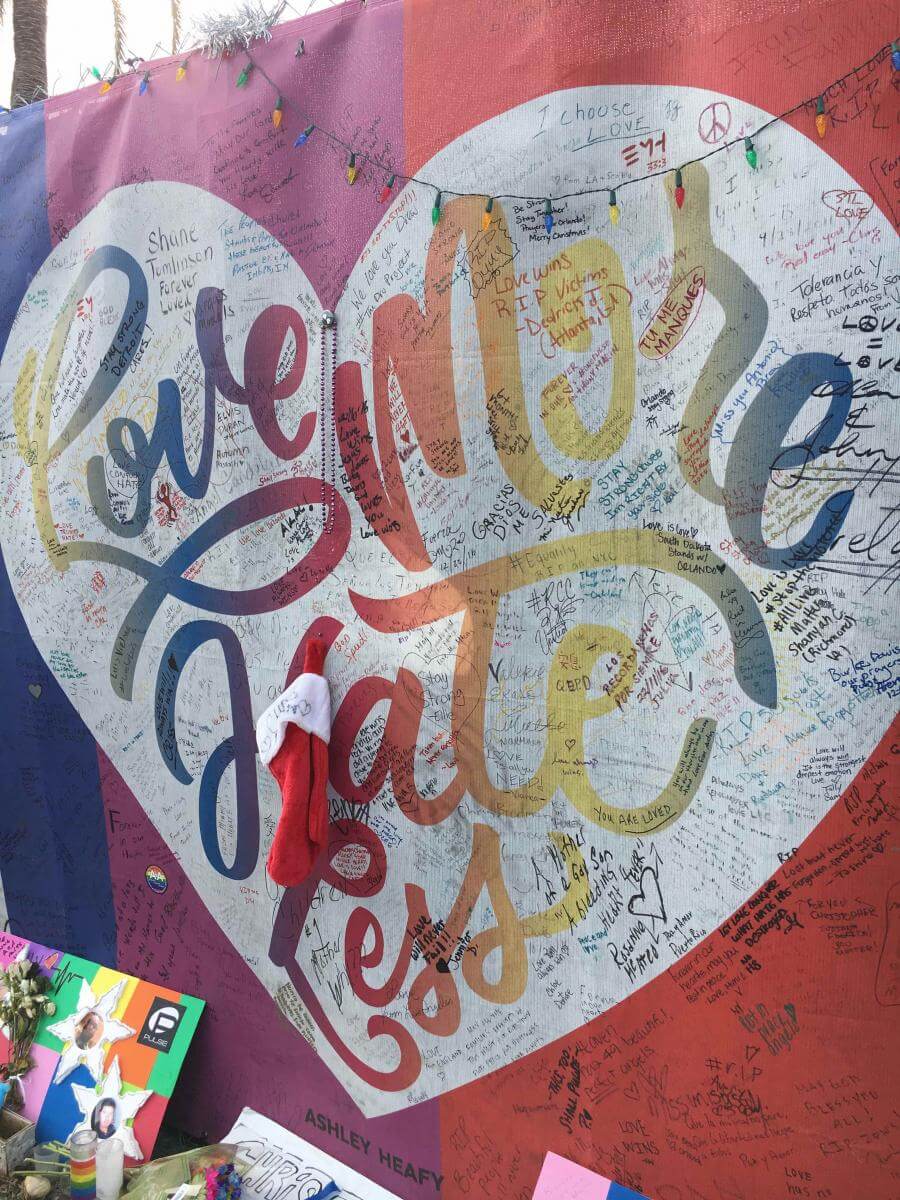 Love More, Hate Less, Pulse memorial site, Orlando, Florida, December 29, 2016. Photograph by Eric Solomon. Courtesy of Eric Solomon.