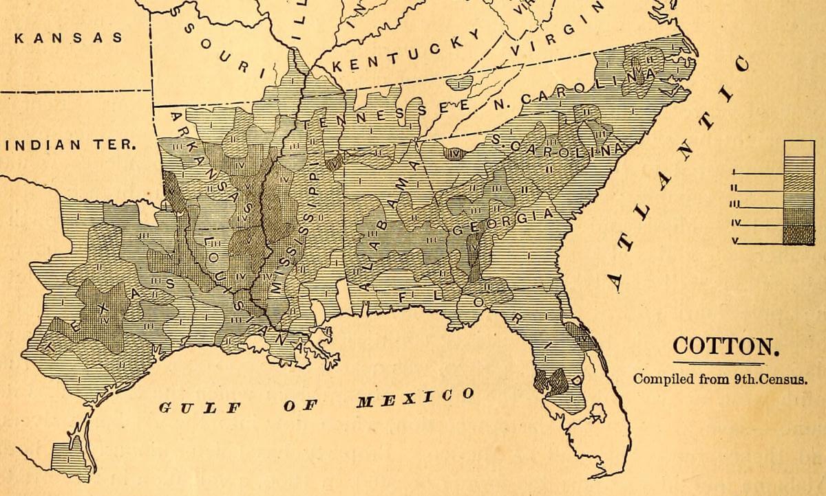 Map Detail Showing the Cotton Regions of the United States. Illustration by James Wells Champney, 1875. Originally published in Edward King and James Wells Champney's The Great South (Hartford, CT: American Publishing Co., 1875), 312. Courtesy of Documenting the American South, University of North Carolina-Chapel Hill. Image is in the public domain.