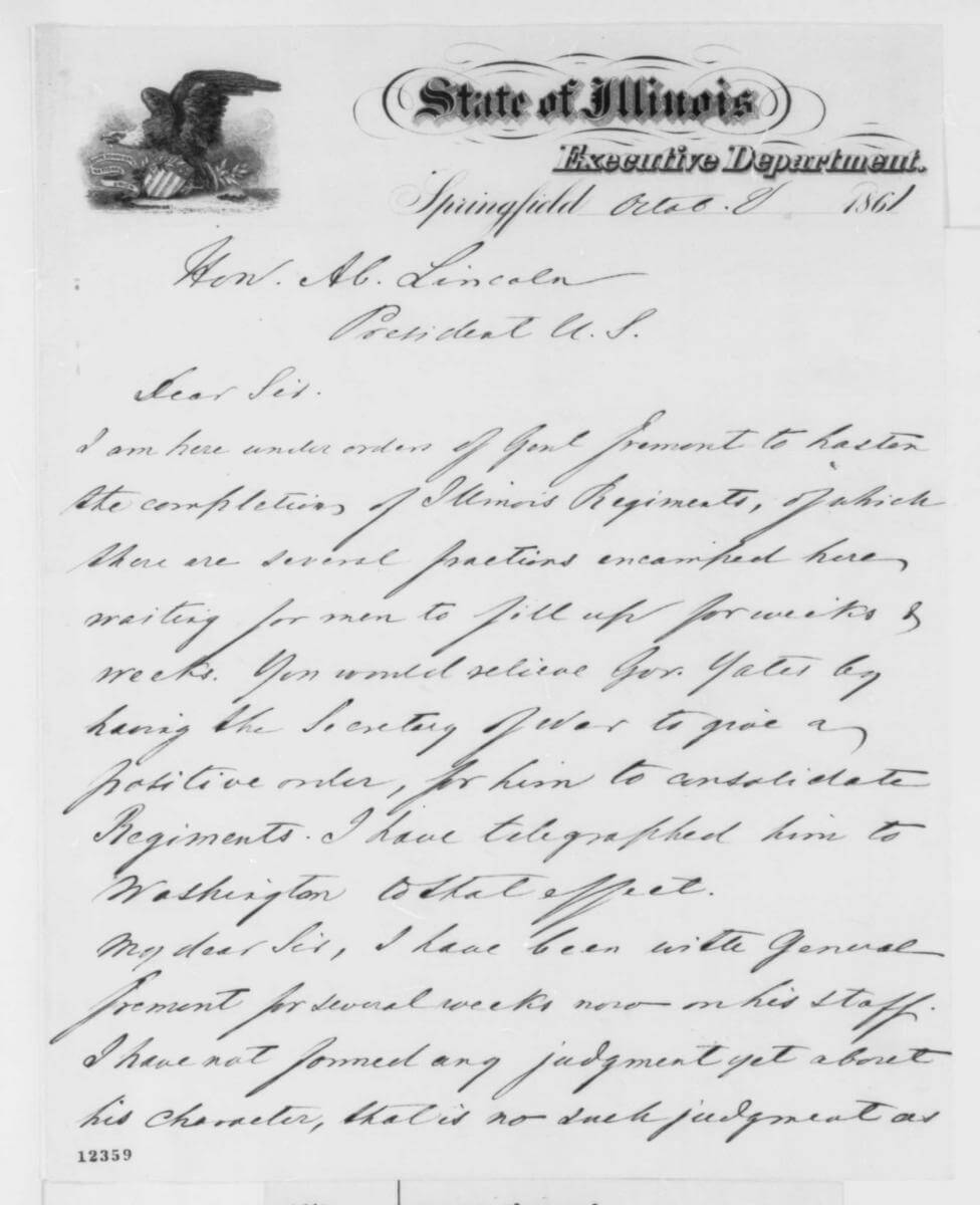 Letter from Gustave P. Koerner to Abraham Lincoln, Springfield, Illinois, October 8, 1861. Courtesy of the Library of Congress Abraham Lincoln Papers, Manuscript Division, memory.loc.gov/cgi-bin/ampage?collId=mal&fileName=mal1/123/1235900/malpage.db&recNum=0.