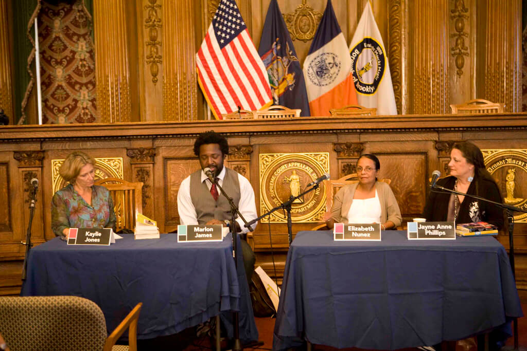 Jayne Anne Phillips (seated on far right) featured on a panel with (from left to right) Kaylie Jones, Marlon James, and Elizabeth Nunez. 