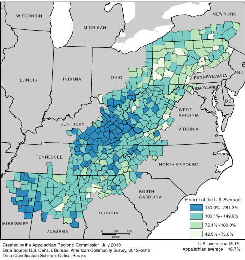 Relative Poverty Rates in Appalachia, 2012–2016 (County Rates as a Percentage of the US Average), July 2018. Map by the Appalachian Regional Commission. Courtesy of the Appalachian Regional Commission.
