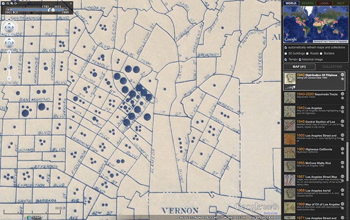 Screenshot of Hypercities Earth site with 1940 map of Filipino areas in Los Angeles. Screenshot courtesy of Southern Spaces.