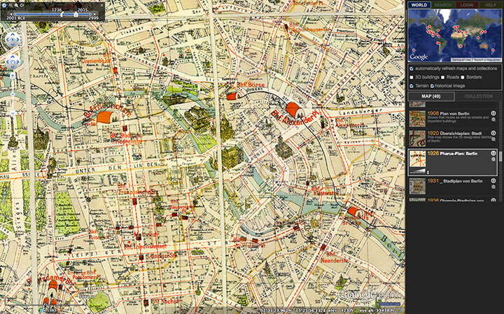 Screenshot of HyperCities Earth showing 1926 Pharus map of Berlin. Screenshot courtesy of Southern Spaces.