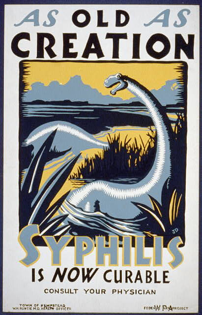 As old as creation Syphilis Is now curable, Hempstead, New York, ca. 1936. Poster by WPA Federal Art Project. Courtesy of the Library of Congress Prints and Photographs Division, loc.gov/resource/cph.3b48847/.