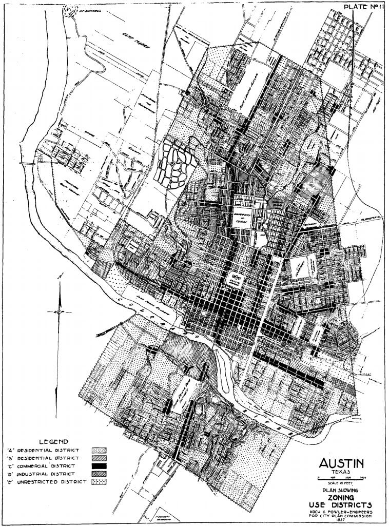 Plan showing zoning use districts, Austin, Texas, 1927. Map by Koch & Fowler Engineers. Originally published in Koch & Fowler’s “A City Plan for Austin, Texas,” 1928.