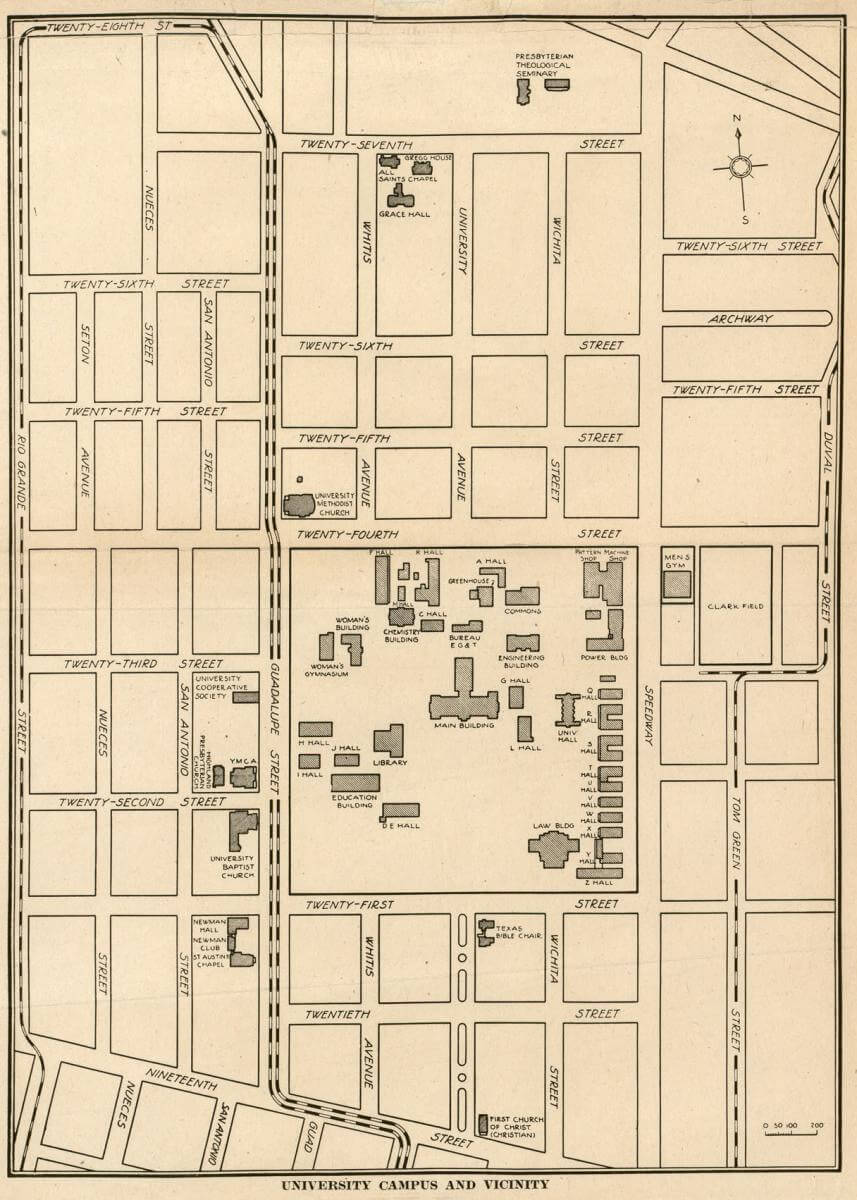 University Campus and Vicinity, University of Texas, Austin, Texas, 1919. Map by unknown creator. Courtesy of the University of Texas Libraries, www.lib.utexas.edu/maps/ut_austin_historical_maps.html.