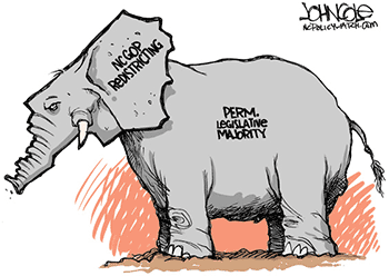 "NC GOP Redistricting," November 10, 2014. Political cartoon by John Cole. Courtesy of the cartoonist.