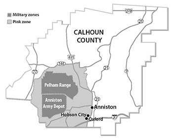 Anniston Pink Zone Emergency Management areas. Map by Charles Jones. The Pink Zone designated civilian sites of highest concern in case of an accident at the Anniston Army Depot incinerator, and included the African American and low-income white neighborhoods of West Anniston. Reproduced from Baptized in PCBs, 76. Courtesy of Ellen Spears.