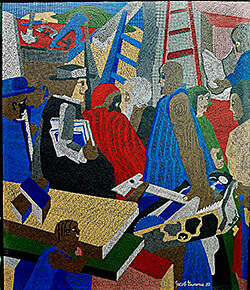 Community, ceramic tile mosaic on lobby wall of the Joseph P. Addabbo Federal Building, Jamaica, Queens, New York by Jacob Lawrence, 1989. Photograph of mosaic by Carol M. Highsmith. Courtesy of Library of Congress, Prints and Photographs Division, Carol M. Highsmith Archive, LC-DIG-highsm-02817.