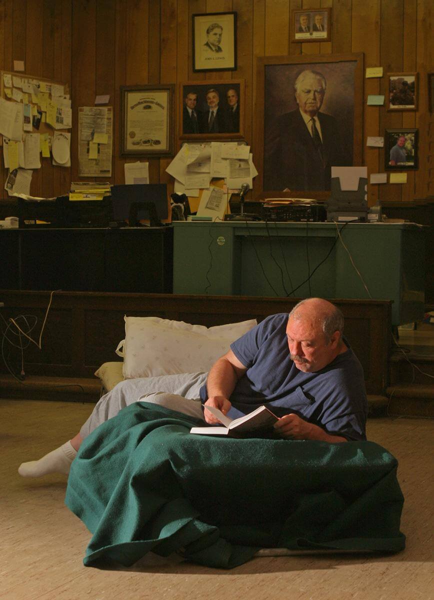 UMWA miner, 48, lost his job and then his house. He now sleeps in his local union hall. Cannelton, WV, 2005.