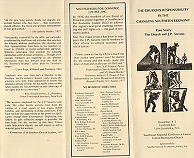 Southeners for Economic Justice (SEJ) pamphlet for the symposium for southern churches held in North Carolina, November 4-5, 1978. Courtesy of the Textile Union of America records, Wisconsin Historical Society, Madison, Wisconsin. 
