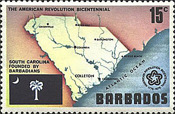 Barbados, South Carolina, USPS The American Revolution Bicentennial commemorative stamp, 1976. © United States Postal Service. 