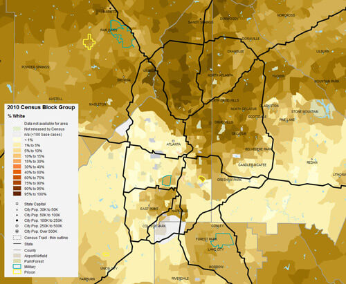 Percentage of metro Atlanta white residents by 2010 census block group, 2013. Data from Social Explorer.