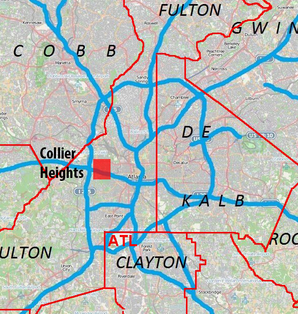 Map of the Atlanta Metropolitan Area detailing Collier Heights. Map courtesy of Wikimedia Commons user keizers and Open Street Map. Creative Commons license CC BY 2.5.