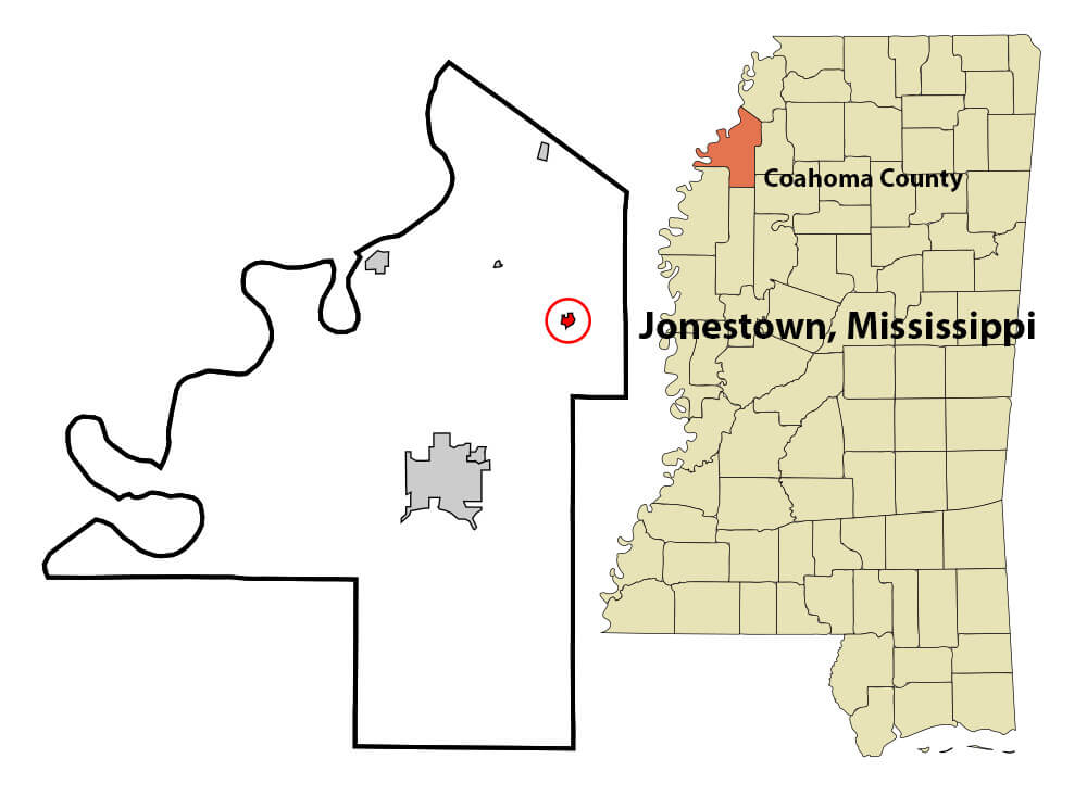 Map of Jonestown, located in Coahoma County, Mississippi. Created by Wikimedia Commons user Arkyan. Creative Commons license CC BY-SA 3.0.